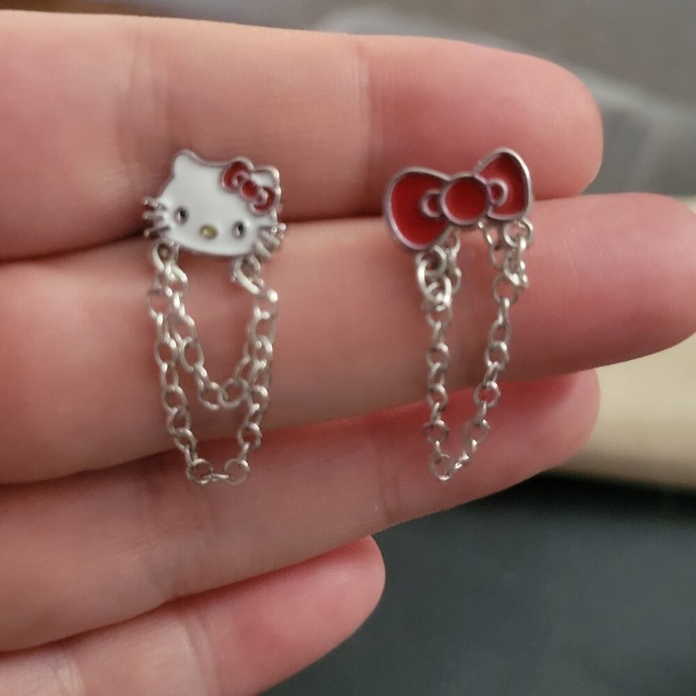 Hello kitty and bow kawaii chain mismatch post earrings